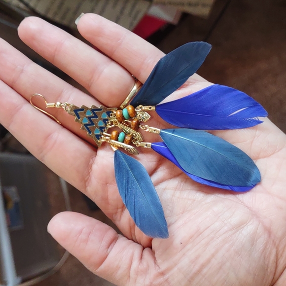 Earrings Jewelry Vintage feather long tassel/Native American. Dark Blue Green. - Picture 2 of 3